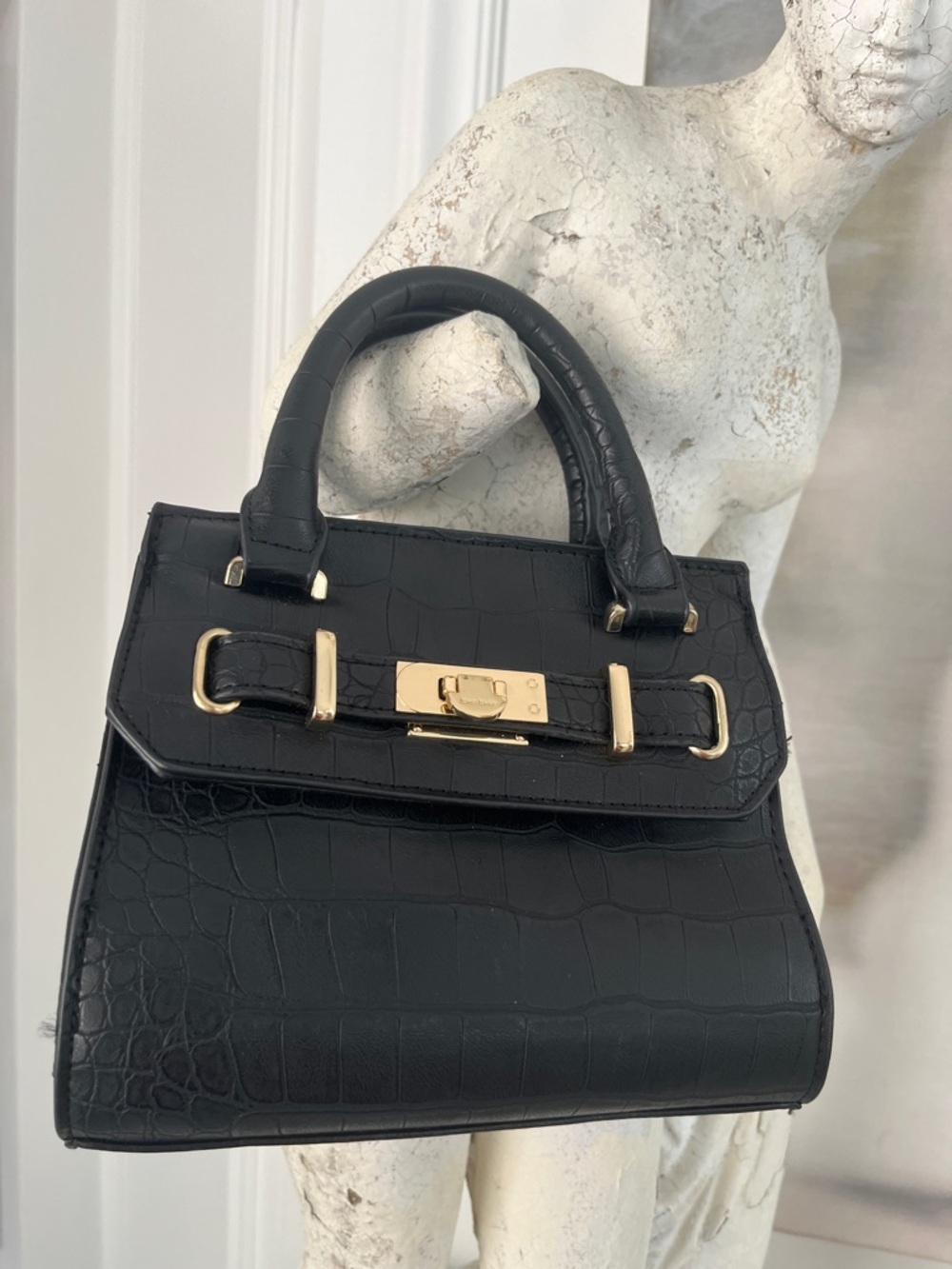 bebe Black Croc-Embossed Bag with Gold Hardware
